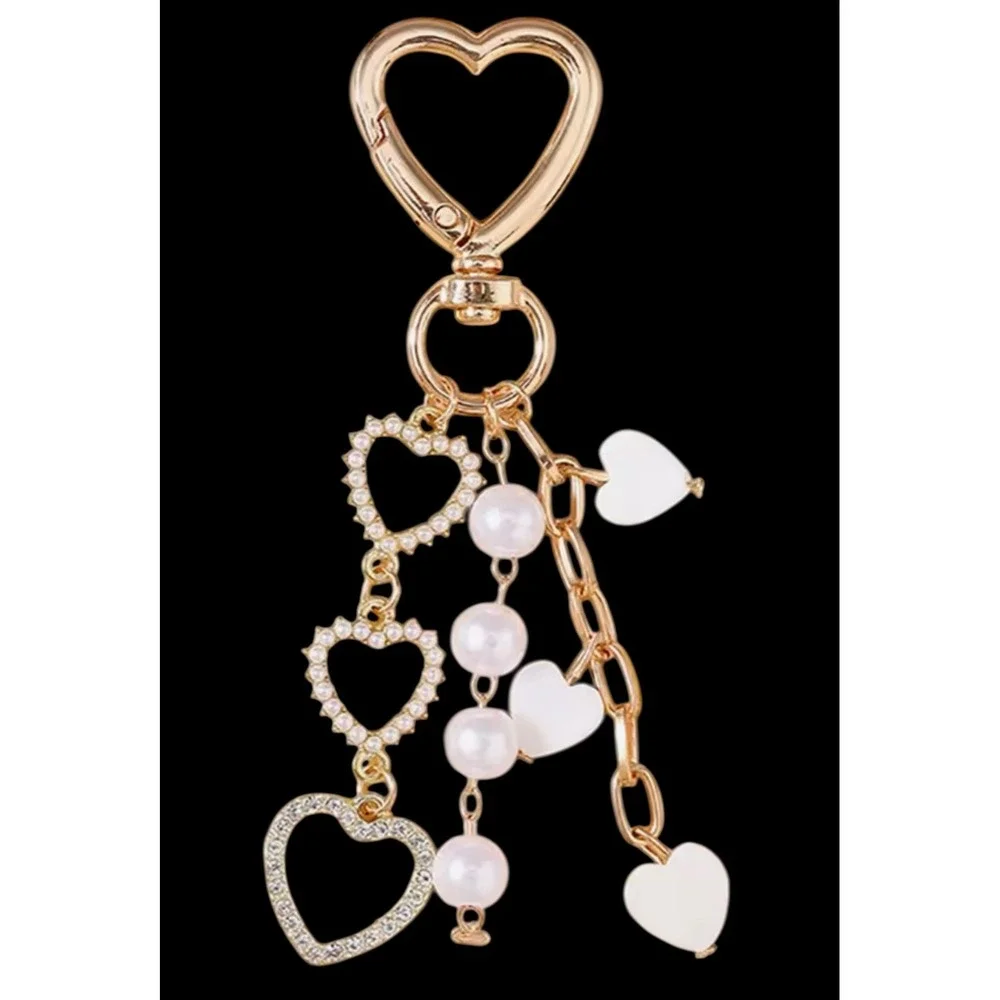 Gold Heart Keychain with Faux Pearls‎ and Rhinestone Charms Women Accessory